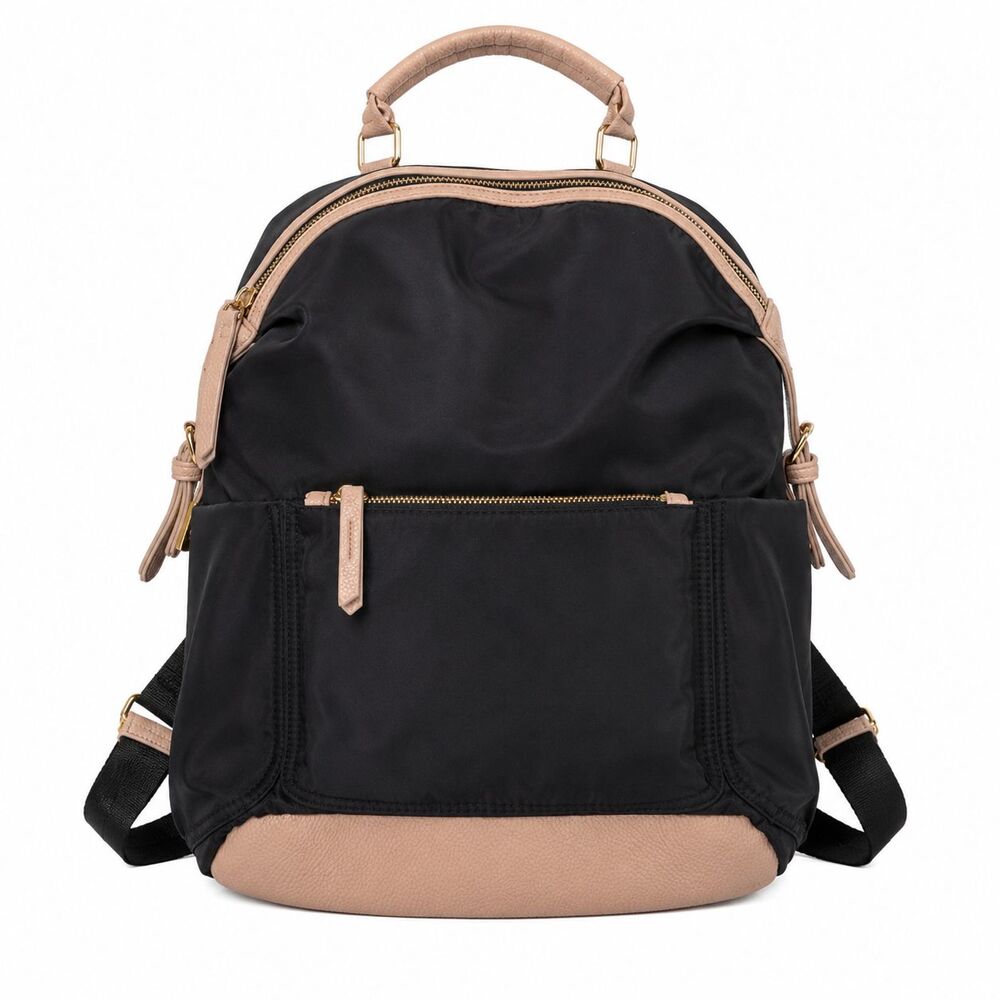 Tommy Bahama Black Nylon Backpack Women Laptop Bag Tan Trim Water Bottle Pocket